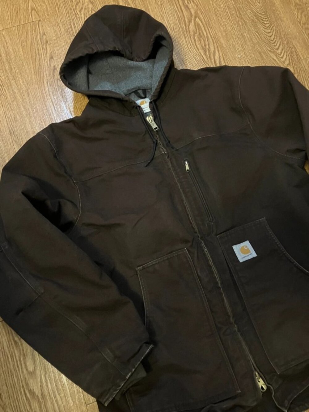 Vintage Carhartt C68 DKB Hooded Ridge Coat Mens Large Brown Fleece Lined Jacket